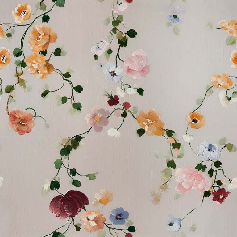Lemieux et Cie Vine Flora pale blush pink chinoiserie wallpaper with climbing blossoms on blush, delicate chinoiserie peel and stick wallpaper.