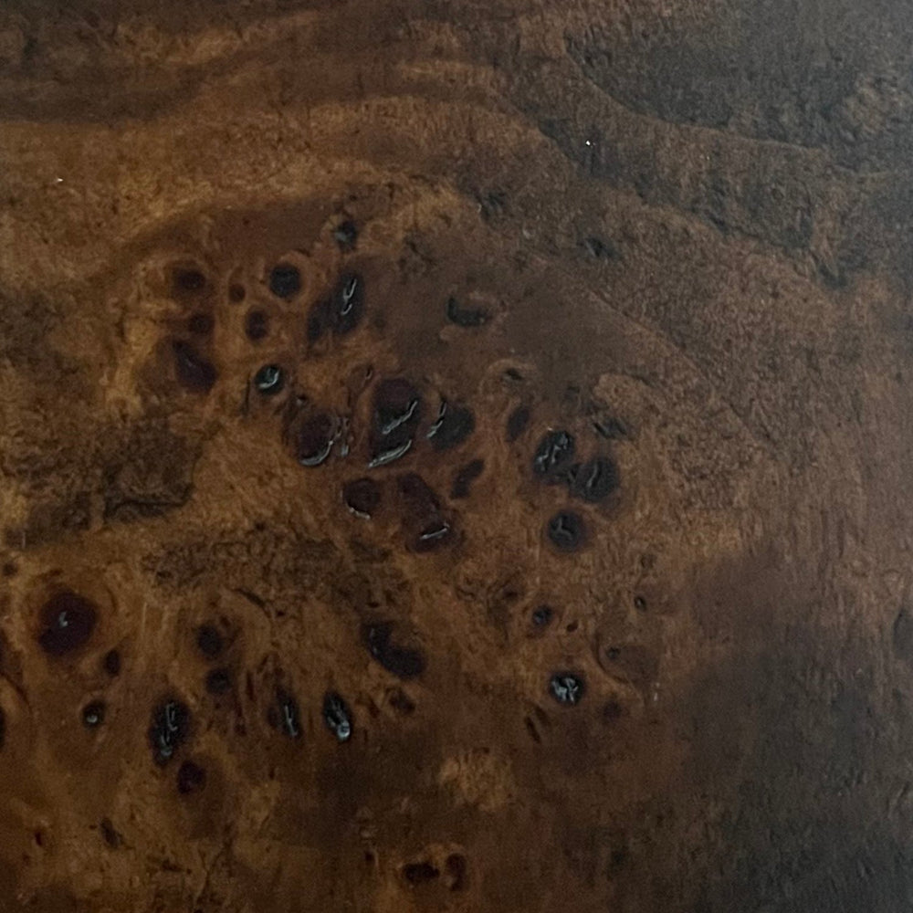 Lemieux et Cie Burl Wood Finishes swatch in warm brown tones with organic grain and dark knots, material sample detail.