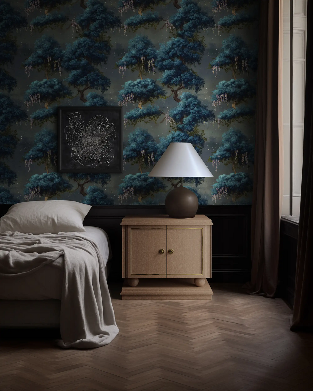 Lemieux et Cie Corvaux Nightstand in cerused oak with brass hardware and inlay, bedside table styled in a bedroom with dark botanical wallpaper and herringbone wood floors.