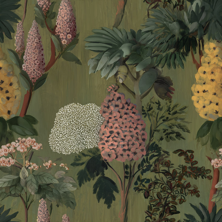 Lemieux et Cie Winsome Garden green chinoiserie wallpaper with large-scale florals, botanical chinese wallpaper peel and stick.