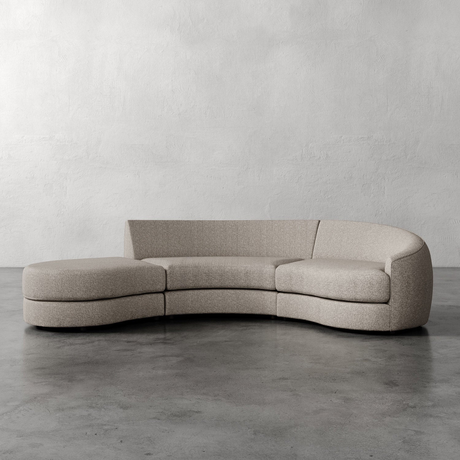 Lemieux Et Cie Rulmann 3-Piece Right Sectional Curved beige sofa against a plain gray wall