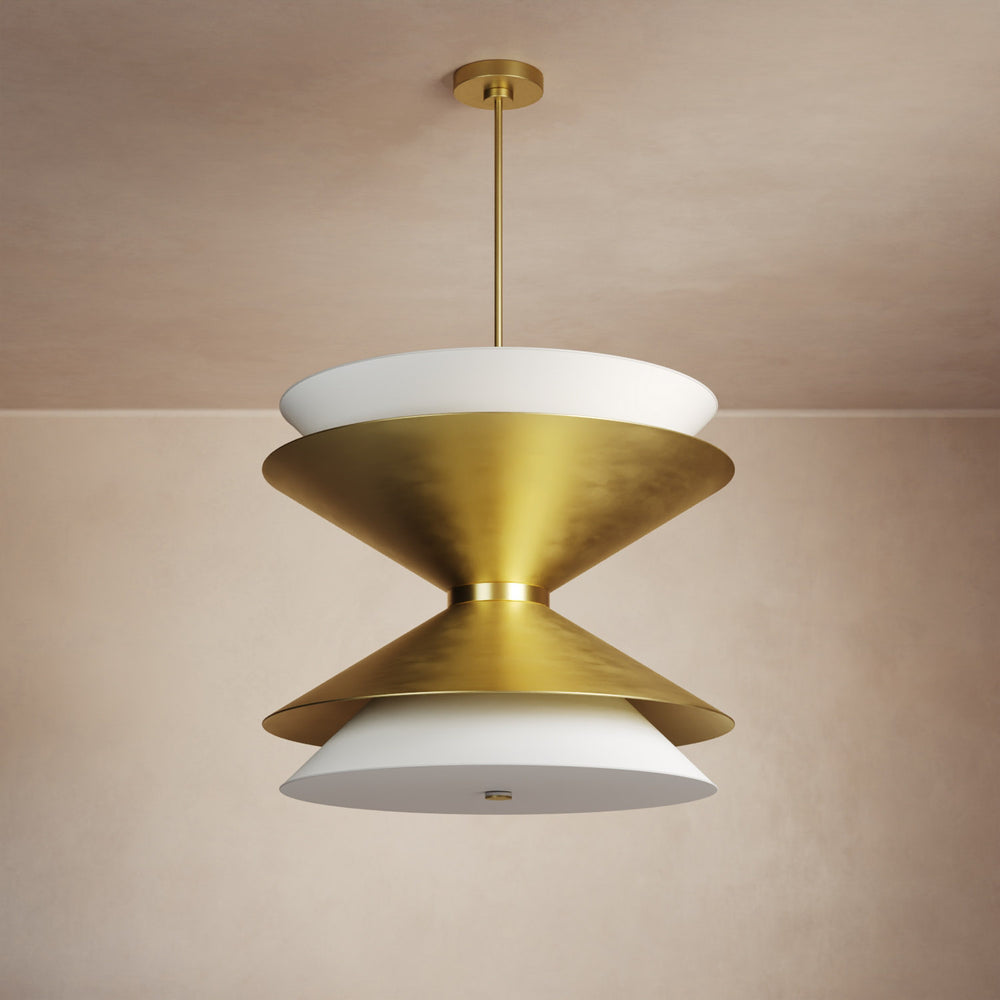 Lemieux et Cie Balleroy Chandelier in brass with white dome shades, sculptural tiered pendant hung against neutral plaster ceiling and walls.