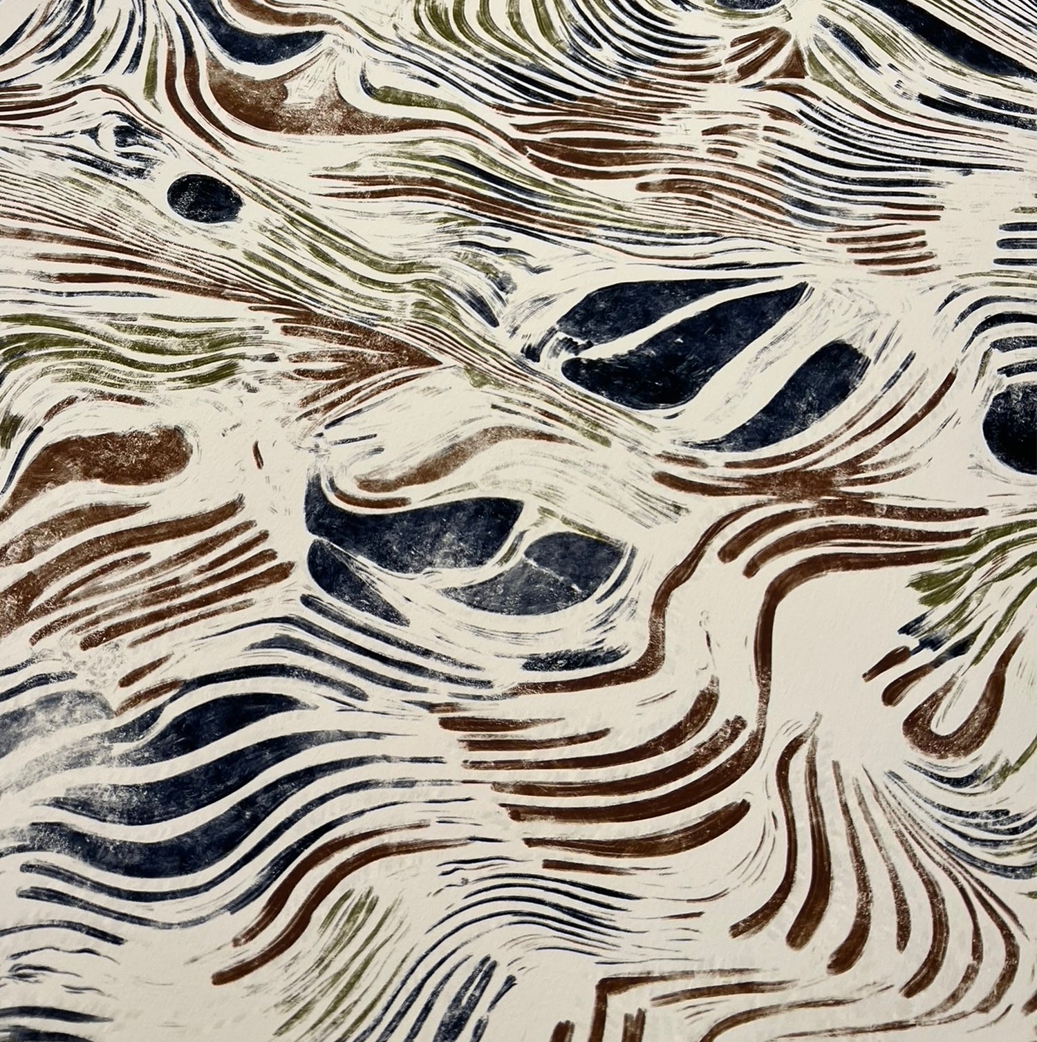 Lemieux et Cie La Campagne Limited Edition Art Print in navy, sienna and olive, close detail of organic topographic pattern on German etching paper.