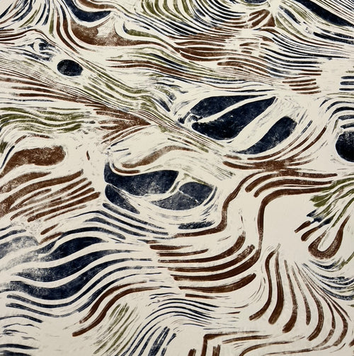 Lemieux et Cie La Campagne Limited Edition Art Print in navy, sienna and olive, close detail of organic topographic pattern on German etching paper.