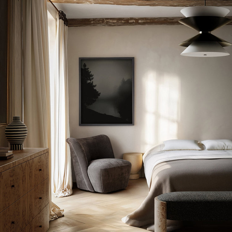 Lemieux et Cie Algonquin Limited Edition Art Photograph in muted tones, framed fine art print in bedroom with exposed wood beams and soft natural light.