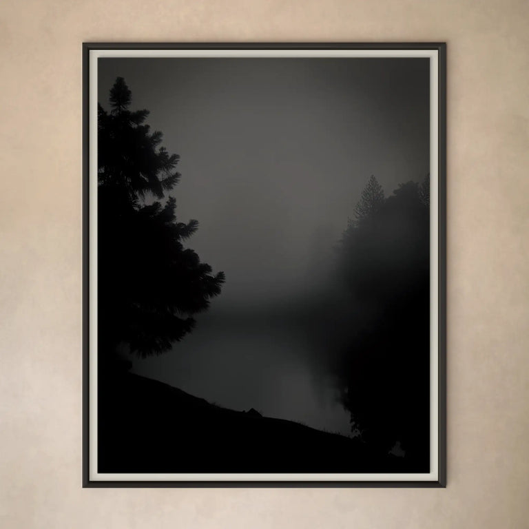 Lemieux et Cie Algonquin Limited Edition Art Photograph, misty forest landscape in dark tones, framed in dark wood against neutral plaster wall.