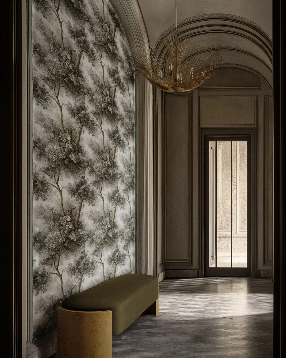 Luxurious hallway with tree-patterned wallpaper, a bench, and a chandelier.