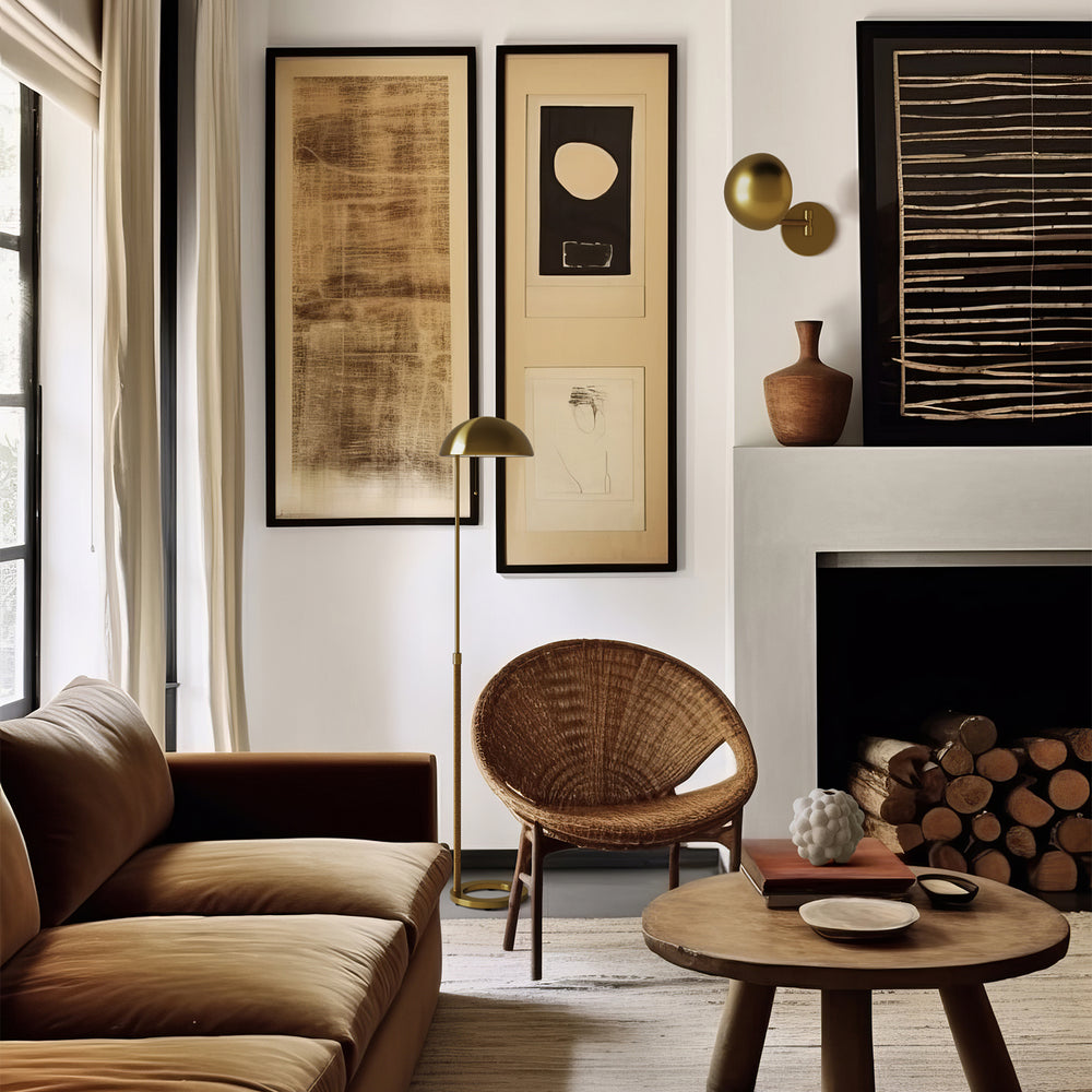 Lemieux et Cie Balleroy Medium Floor Lamp styled in a calm living space, its brass dome softly glowing as the Lemieux et Cie Balleroy Medium Sconce adds warmth nearby.