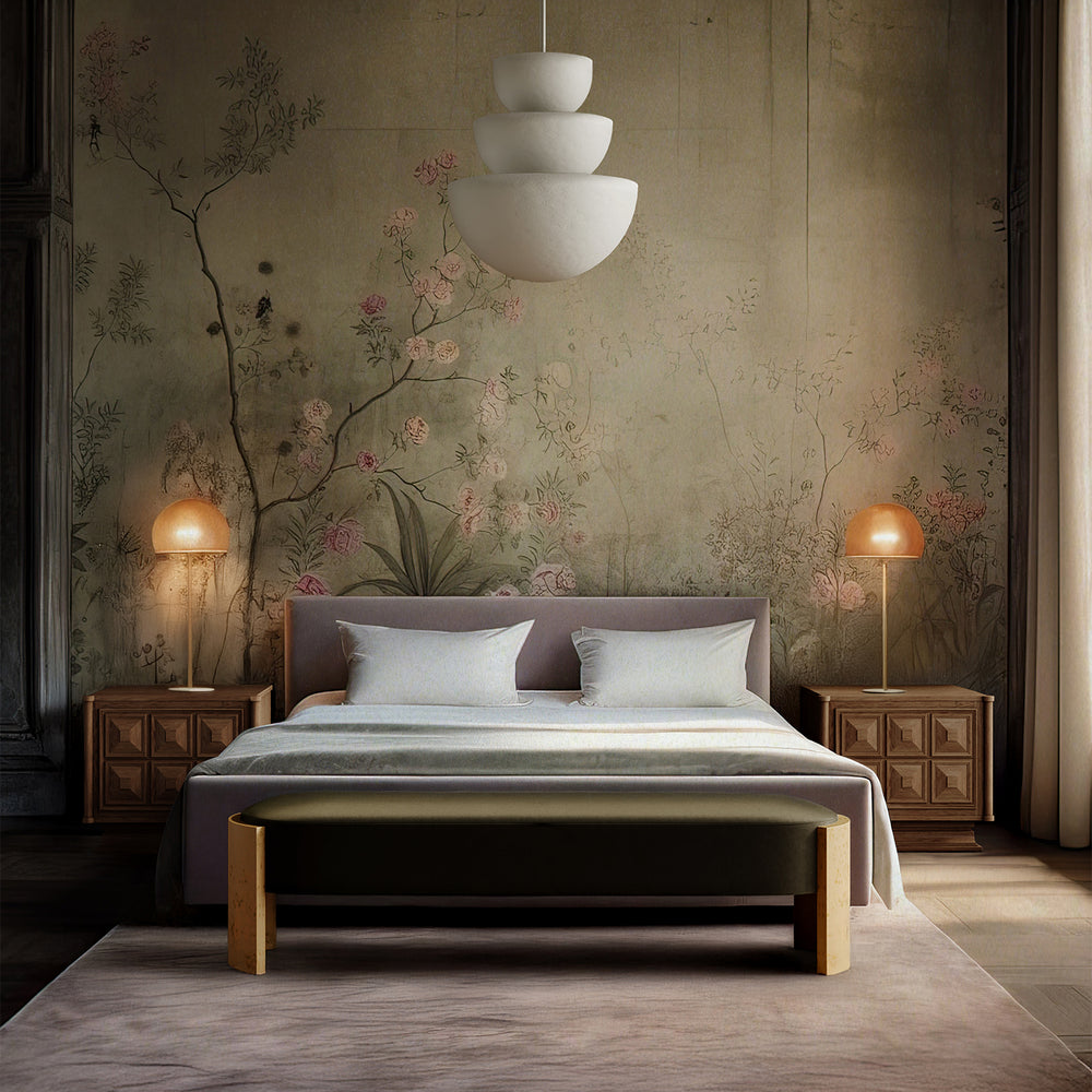 Lemieux et Cie Benoit Bench in olive green upholstery with blonde frame, low-profile bench positioned at foot of bed in hand-painted floral bedroom.