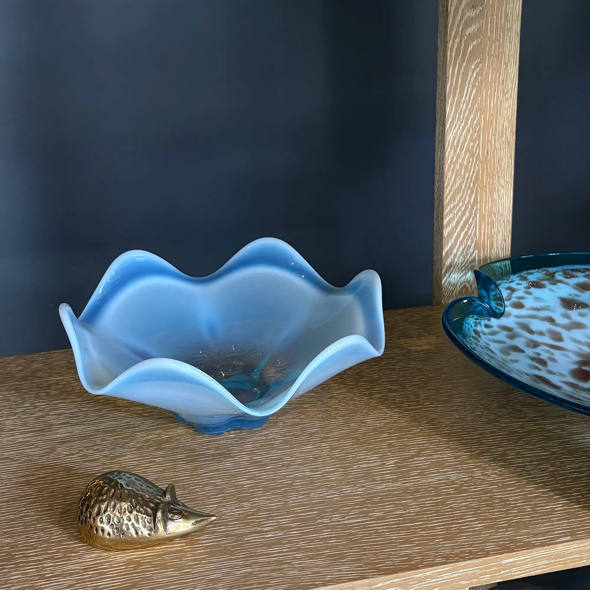 Vintage Blue Opalescent Art Glass Bowl with Rippled Edges