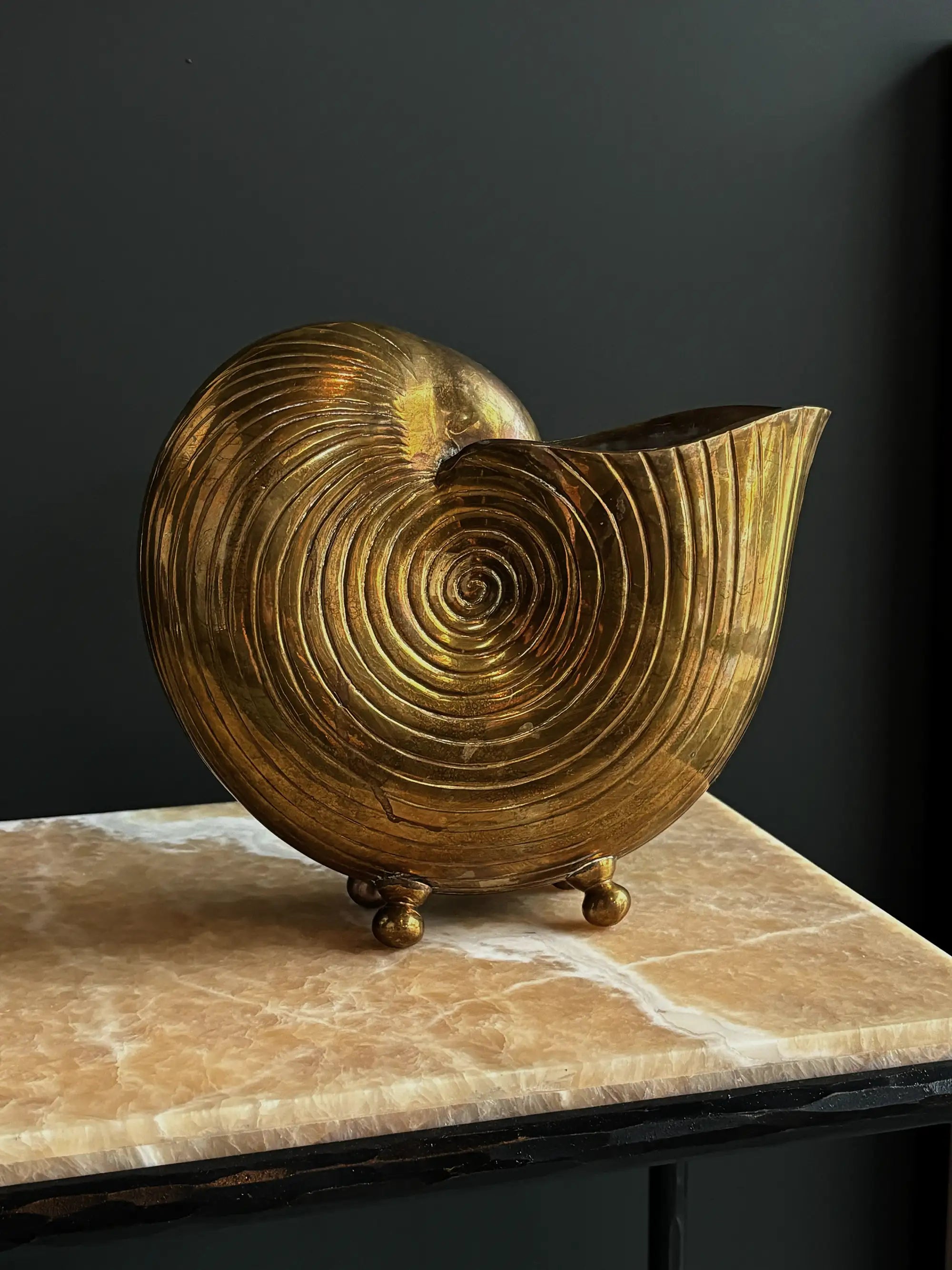 Vintage brass nautilus shell footed vase