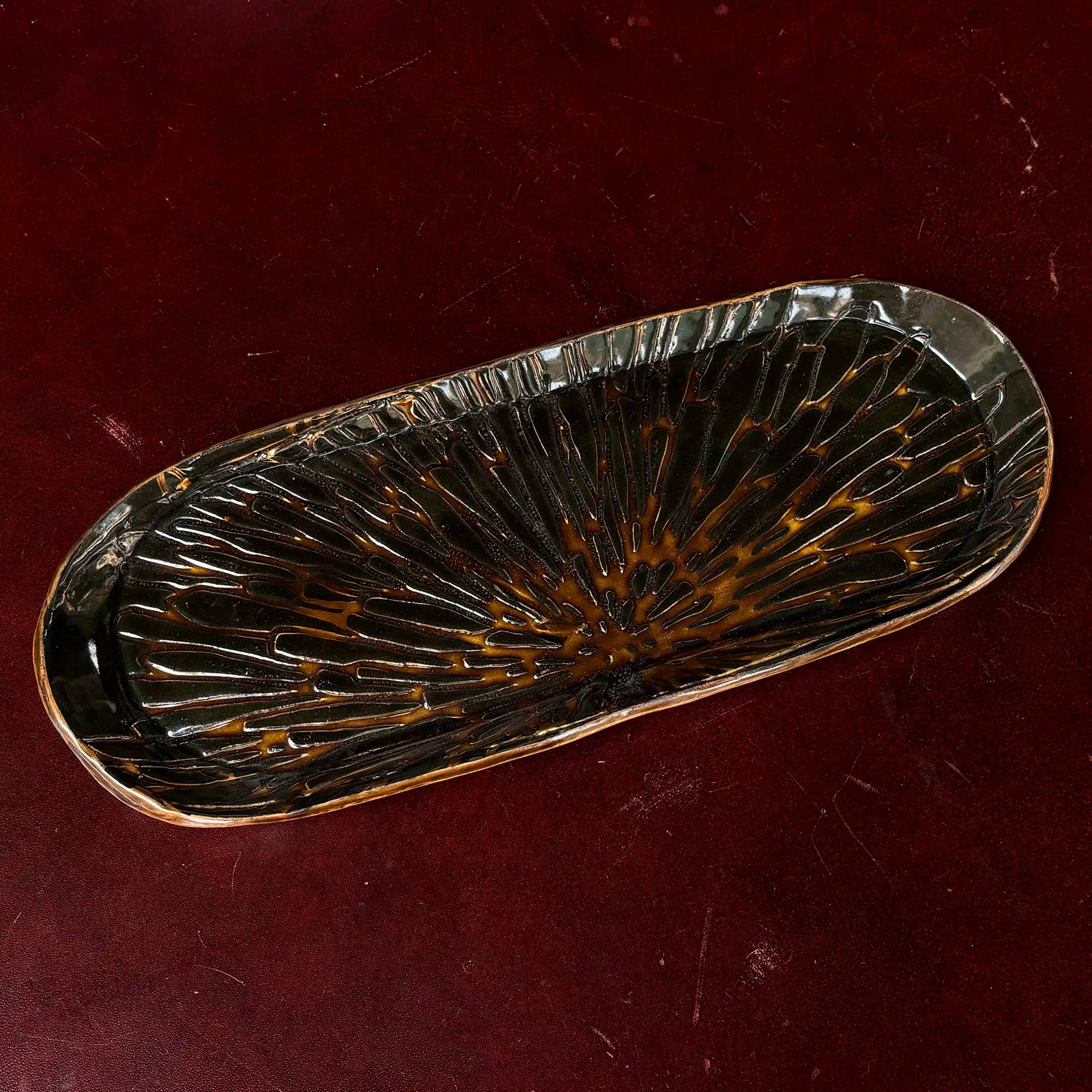 Handmade Oblong Textured Platter in Reactive Glaze