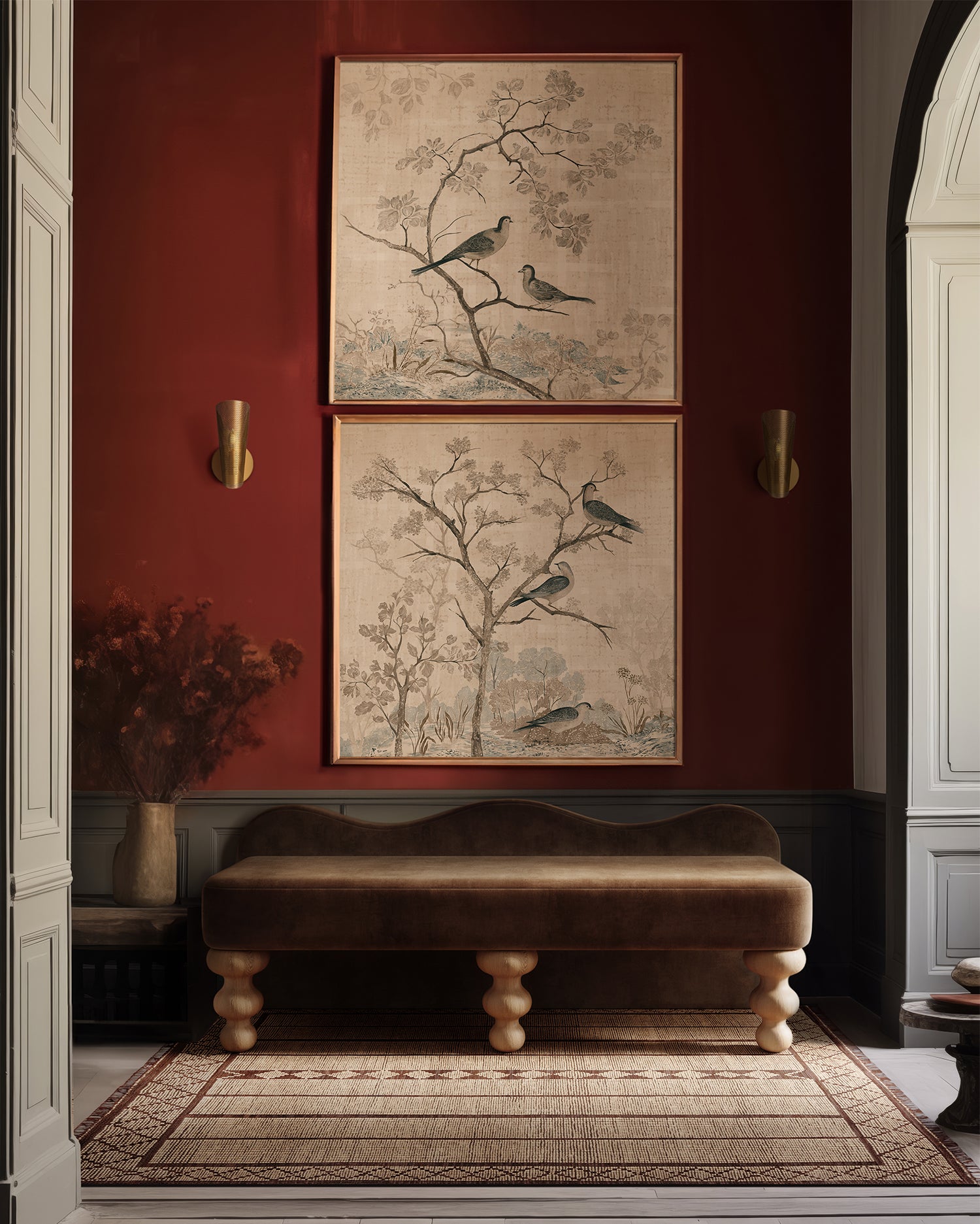 Lemieux et Cie Forêt de Lune limited edition archival print with botanical chinoiserie motif, hung on deep red wall above upholstered bench in paneled entryway.
