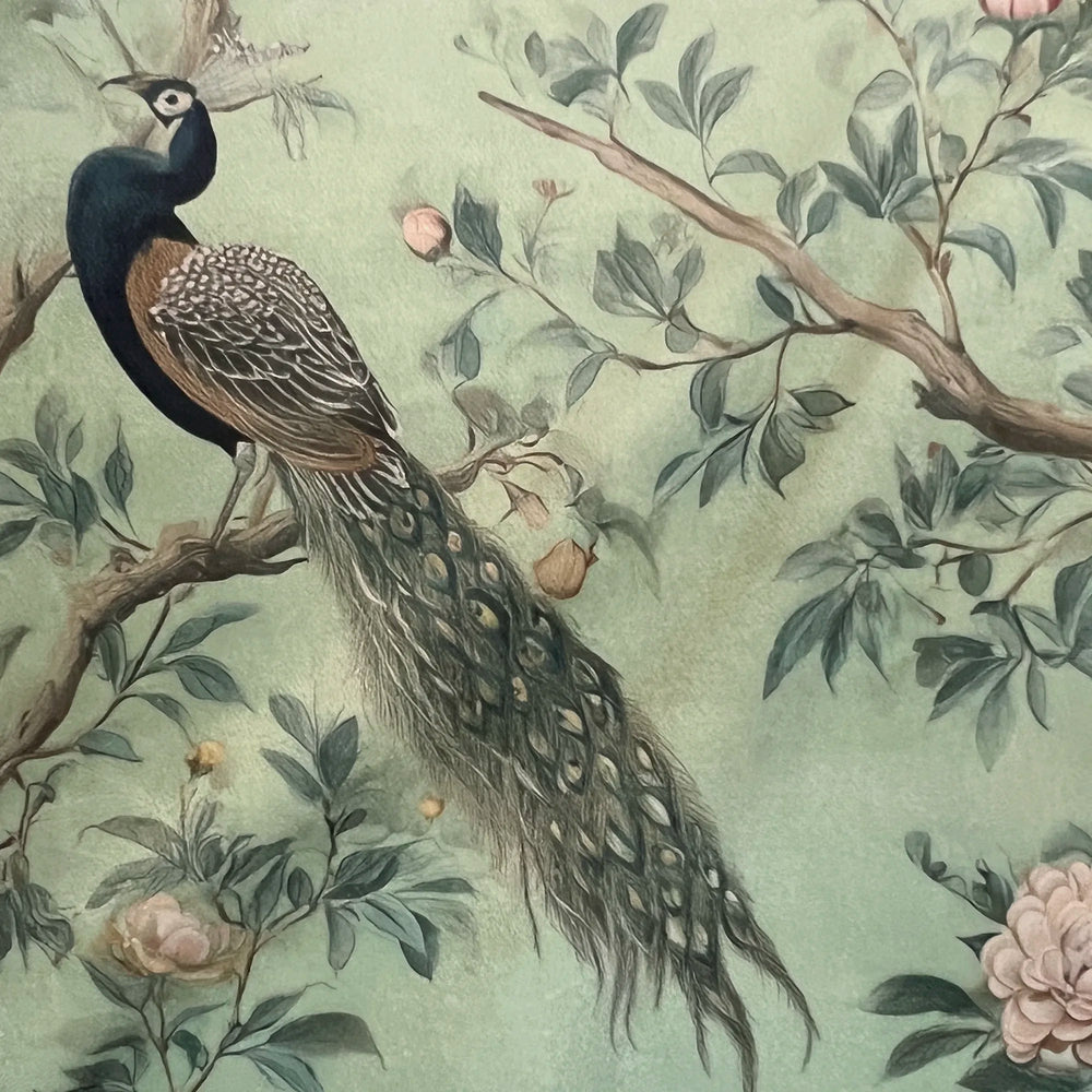 Lemieux et Cie Peacock Plume Velvet Pillow, hand-painted peacock motif on soft green performance velvet, decorative pillow shown as detail.