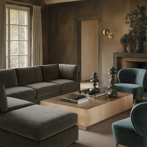 Lemieux Et Cie Chanaux 6-Pc Sectionalchanaux-cheverny-tourenne-balleroy_sconce-romaine_totems
Modern living room with gray sectional sofa, wooden coffee table, and teal chairs.