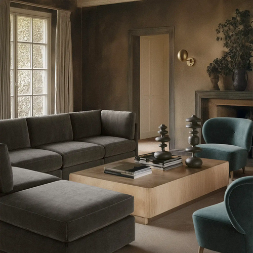 Lemieux Et Cie Chanaux 6-piece Sofa Modern living room with gray sectional sofa, wooden coffee table, and teal chairs.