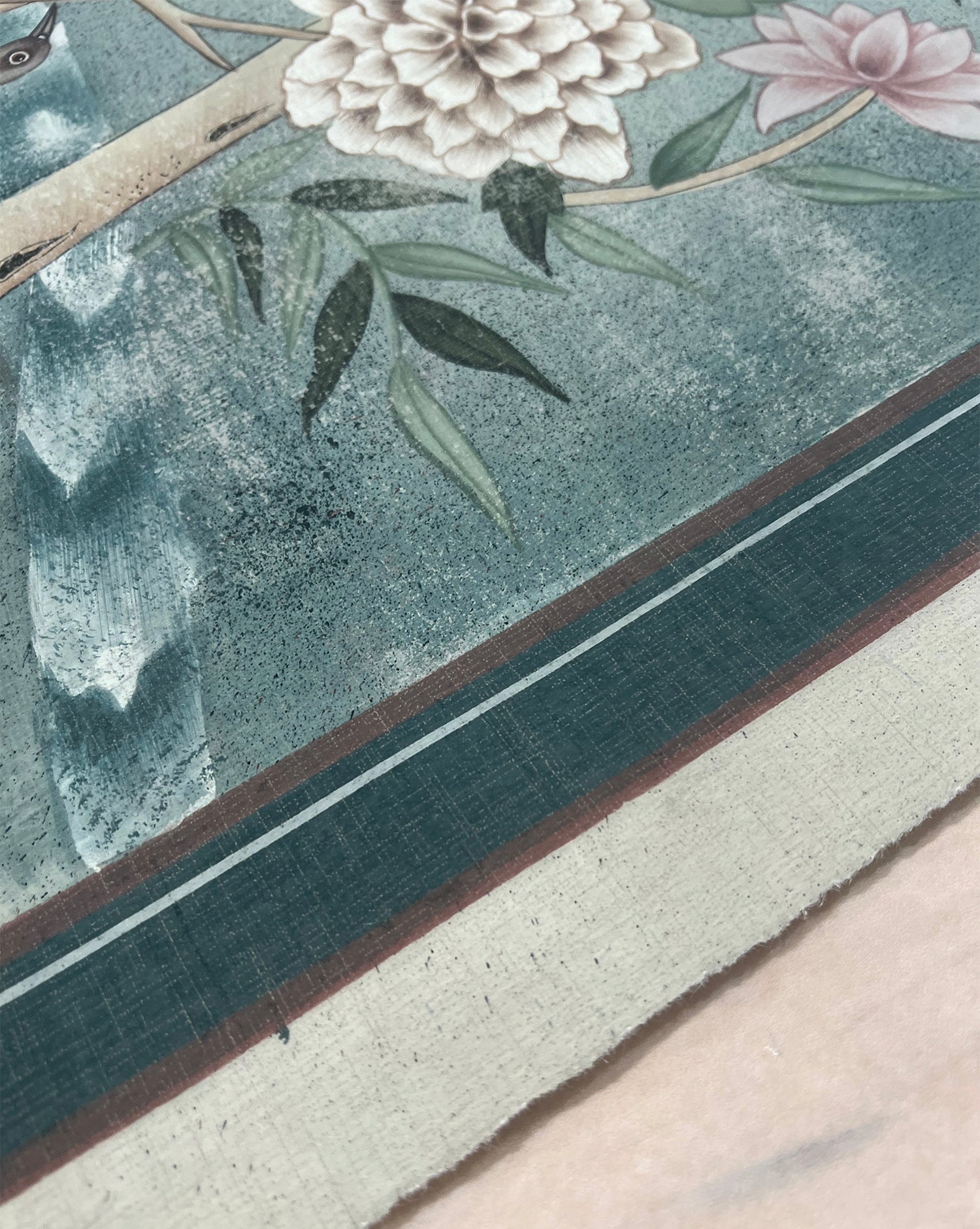 Lemieux et Cie Jardin de Jaipur fine art print detail, hand painted floral motif with ivory and blush blooms on aged teal ground, shown as textile swatch.