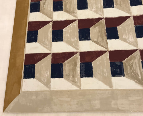 Lemieux et Cie Les Cubes 1 fine art print with geometric trompe-l'oeil pattern in navy, burgundy and tan, shown against neutral wall with warm side light