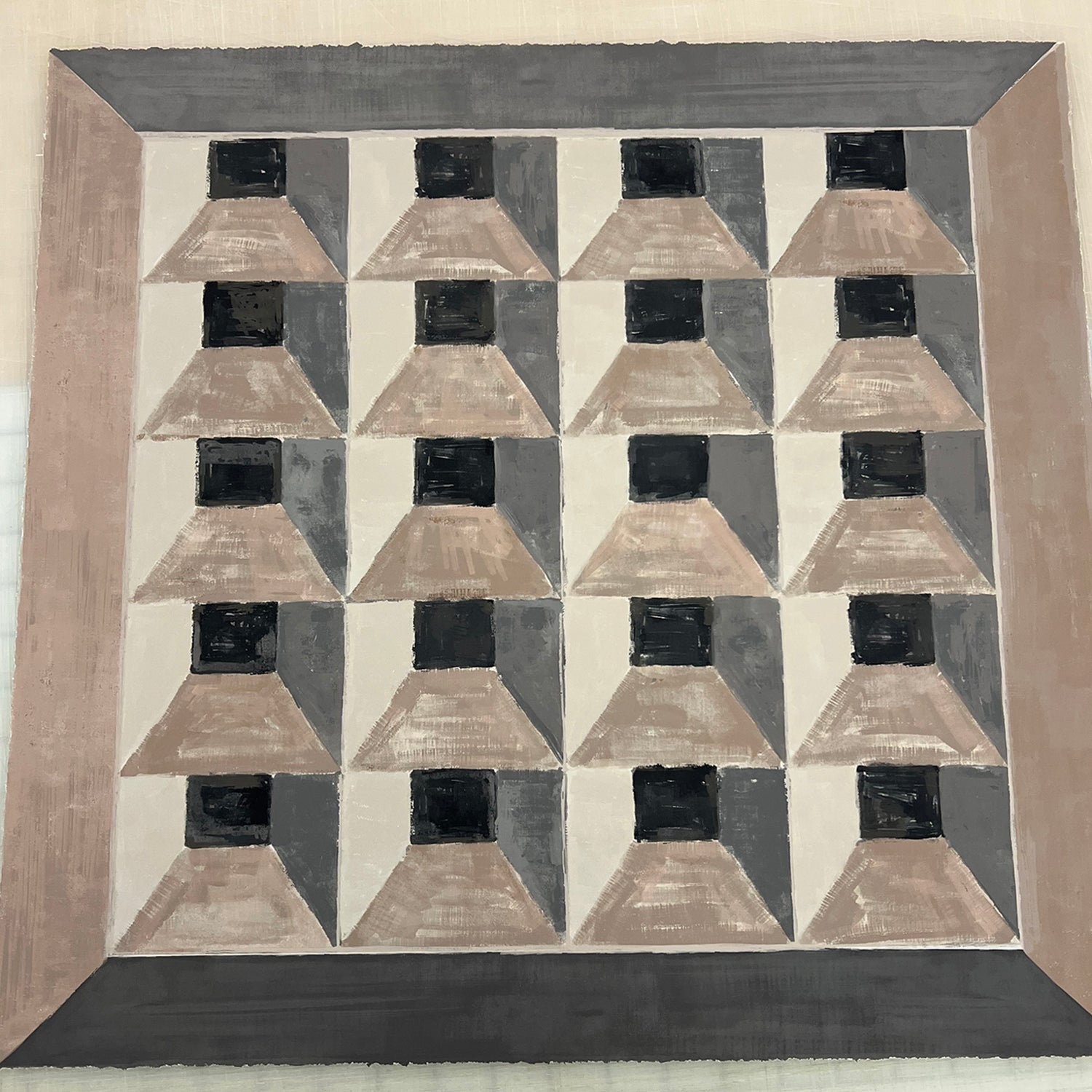 Lemieux et Cie Les Cubes 2 fine art print, geometric Trompe-l'oeil composition with taupe and charcoal shades, shown on neutral wall.