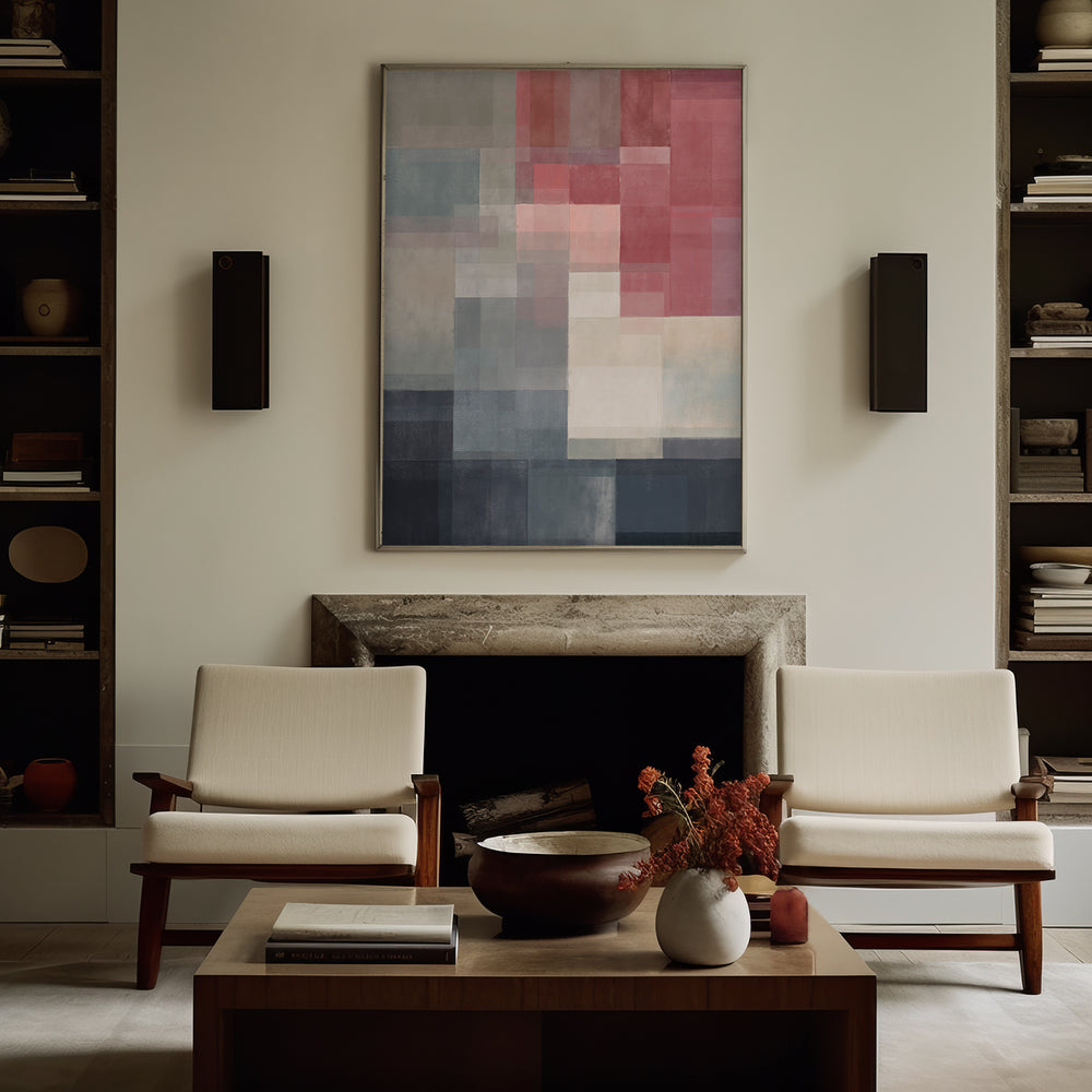 Lemieux et Cie Champ De Couleur 1 limited edition art print in pink, blue and neutral tones, geometric abstract composition above stone fireplace flanked by ivory lounge chairs in sitting room