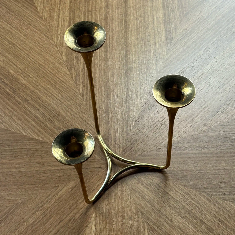 Vintage Danish Solid Brass Triple Candelabra, Scandinavian Modern
