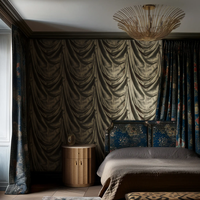 Lemieux et Cie Dorelle flush mount chandelier in hand-gilded brass, sculptural palm-inspired arms and Art Deco elegance, illuminating a luxurious bedroom with draped curtains and an ornate bed.