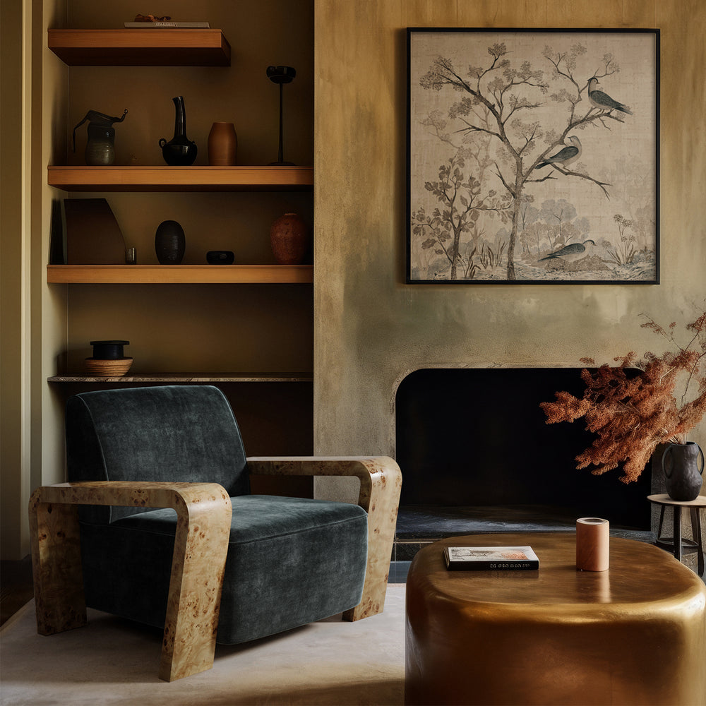 Lemieux et Cie Lemieux et ??au Forêt de Lune archival print with chinoiserie bird and branch motif in charcoals and creams, framed art in sitting room with wood shelving and warm plaster walls.