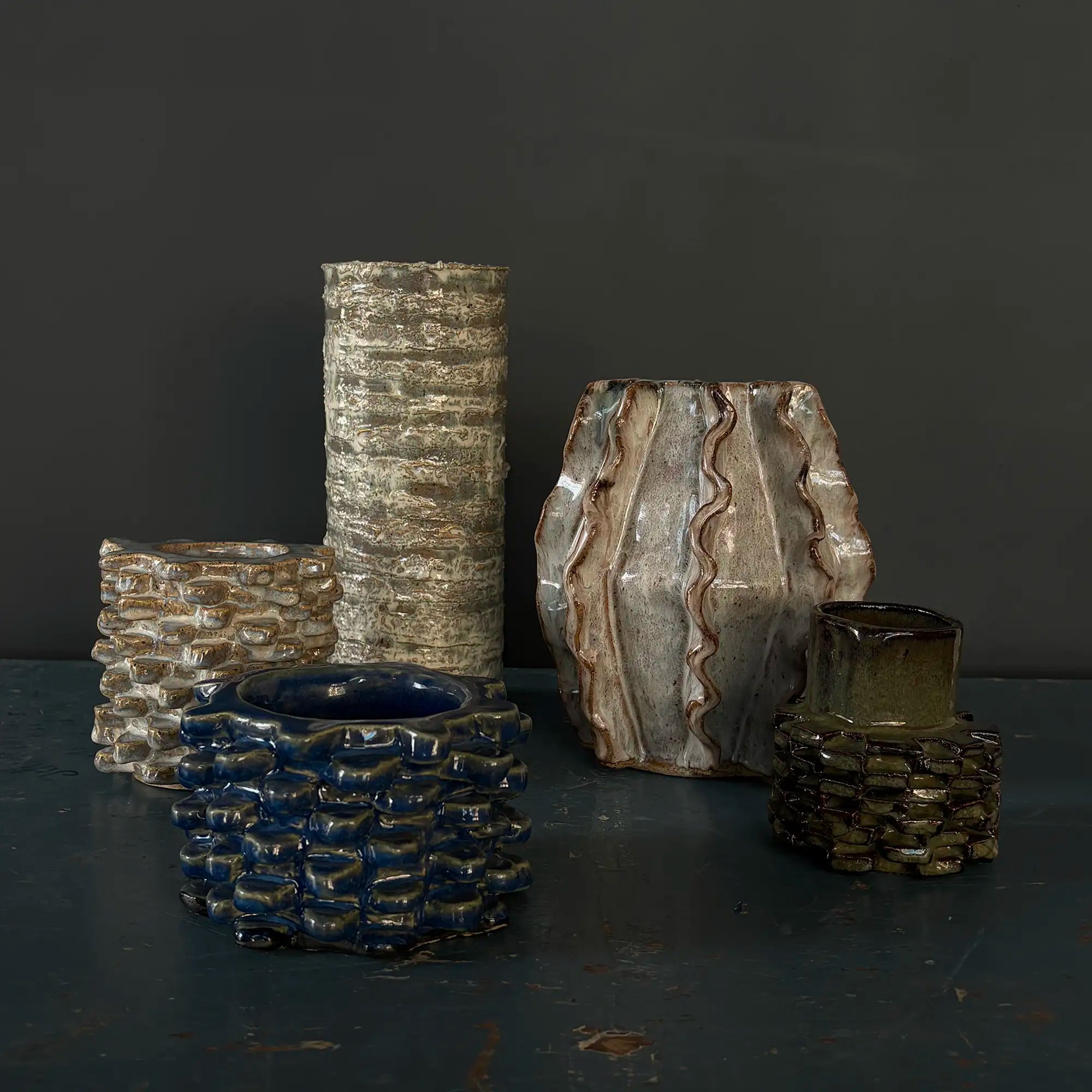 Handmade Brutalist Textural Vase in Opalescent Reactive Glaze