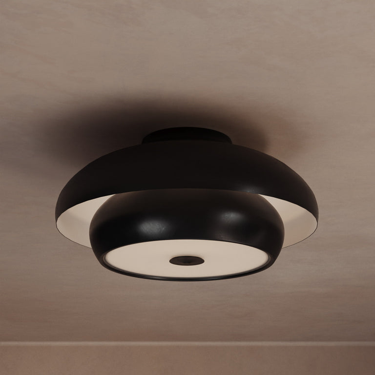 Lemieux et Cie Solene Flush Mount, nested dome ceiling fixture in dark matte finish, sculptural tiered form mounted on neutral plaster ceiling.