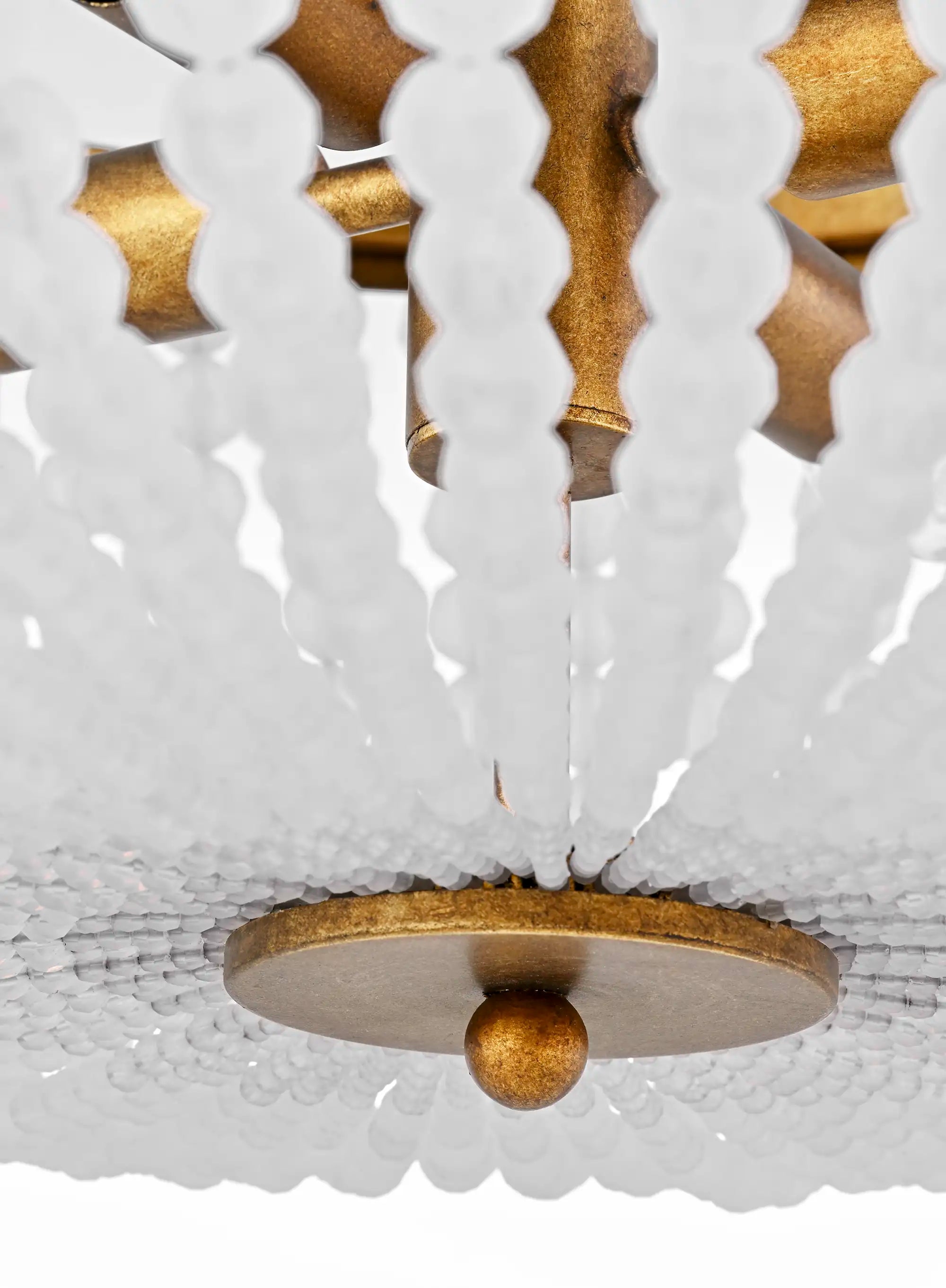 Lemieux et Cie Bellecour Flush Mount in vintage gilded brass with hand-strung crystal beads, flush mount ceiling light shown against white ceiling.