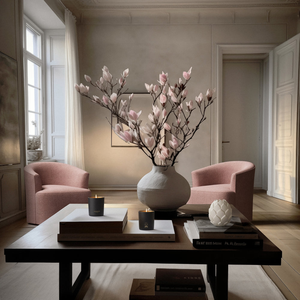 Lemieux et Cie Garnier Swivel Chair in blush bouclé, rounded sculptural form, styled in a neutral sitting room with light wood floors and soft daylight.