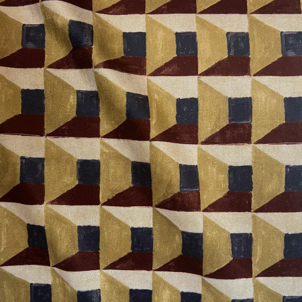 Lemieux et Cie Les Cubes Velvet Pillow in performance velvet, geometric accent pillow with hand-painted cubic illusion in ivory, ochre, burgundy and navy tones.