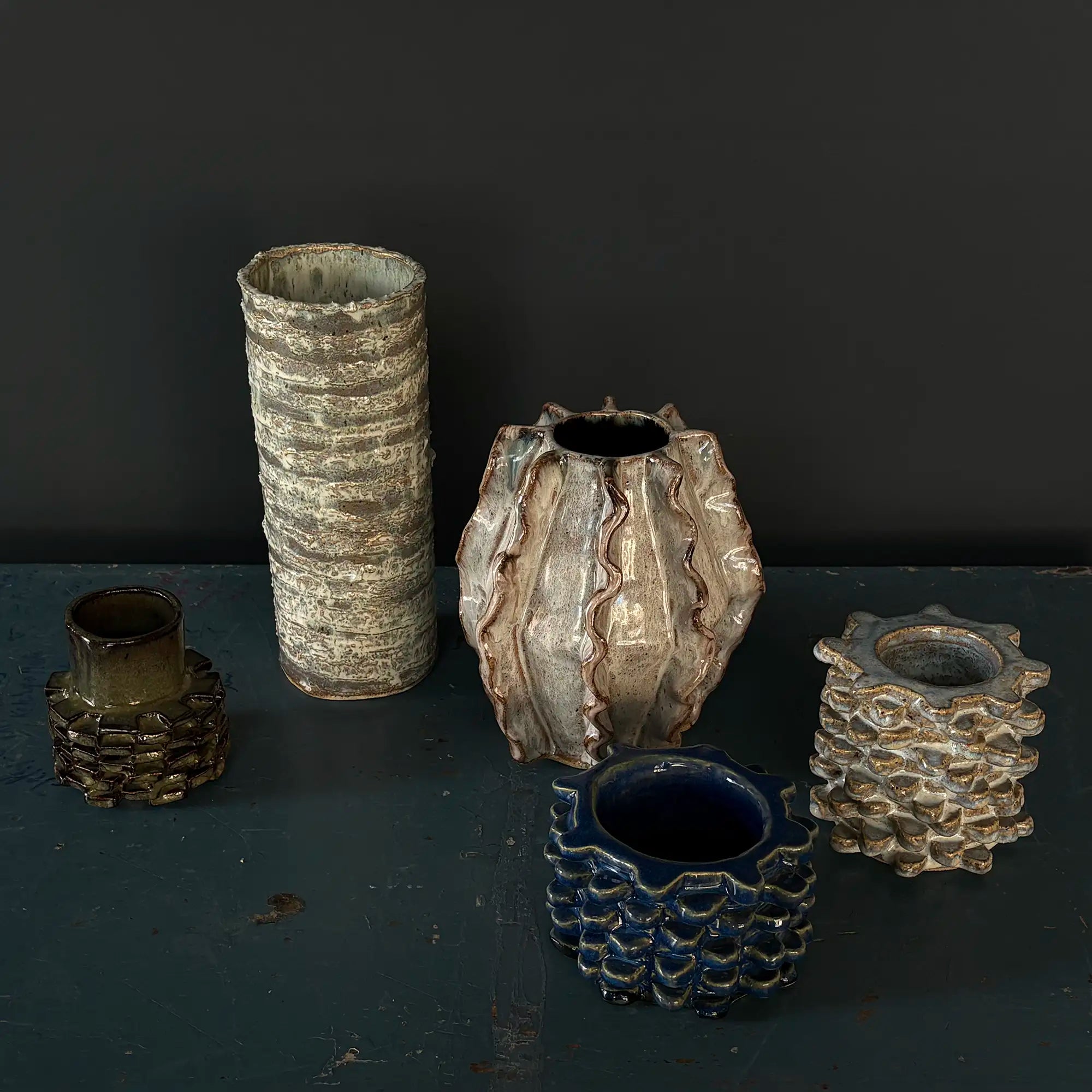 Handmade Brutalist Textural Vase in Blue Reactive Glaze