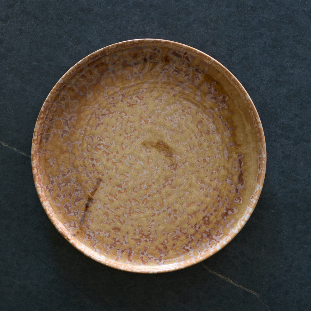 Lemieux et Cie Hanami Stoneware Dinner Plate in sand with reactive glaze, showing mineral-rich surface variation, photographed on dark stone floor.