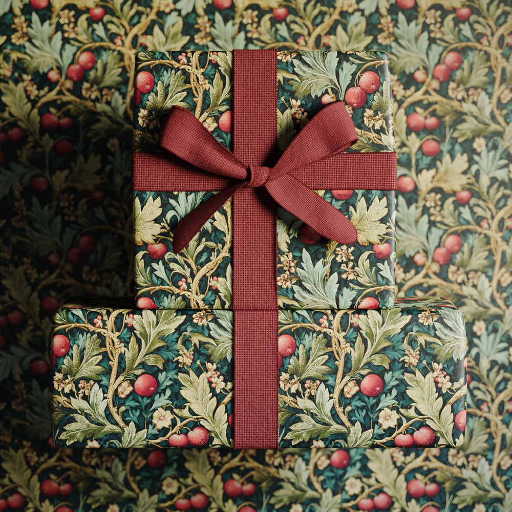 Lemieux et Cie Holly Berries Gift Wrapping Paper with botanical motif and red berries, tied with burgundy ribbon, shown atop coordinating pattern.