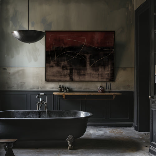 Lemieux et Cie Chambord Pendant, sculptural bowl form in dark finish, suspended above a freestanding bathtub in a plaster-walled bathroom with stone floor.