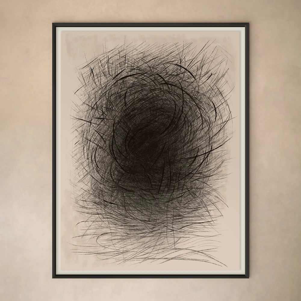 Lemieux et Cie Le Fourré Deux art print in charcoal, oil stick and graphite, abstract monochromatic work in slim dark frame on neutral plaster wall.