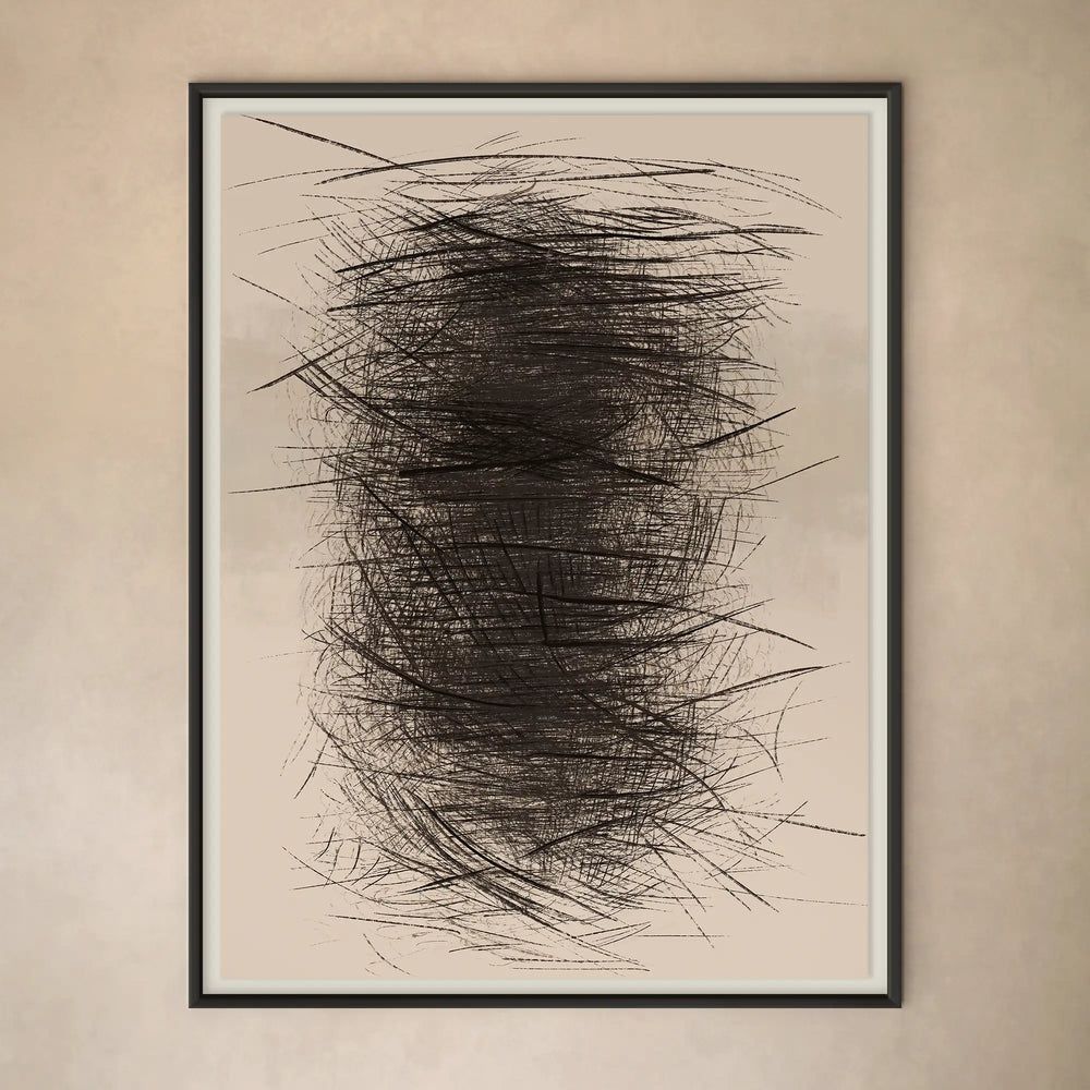 Lemieux et Cie Le Fourré Un art print in charcoal, oil stick and graphite, abstract black and white artwork in dark frame on warm plaster wall
