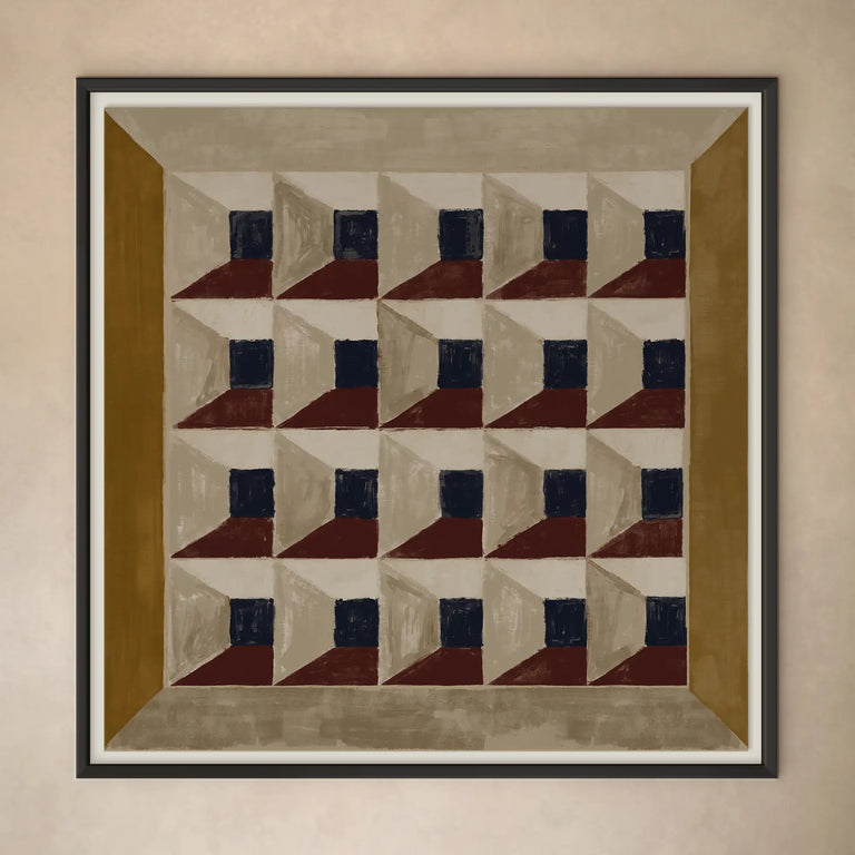 Lemieux et Cie Les Cubes 1 fine art print, geometric pattern with navy, rust and taupe trompe-l'oeil blocks, framed artwork on neutral wall