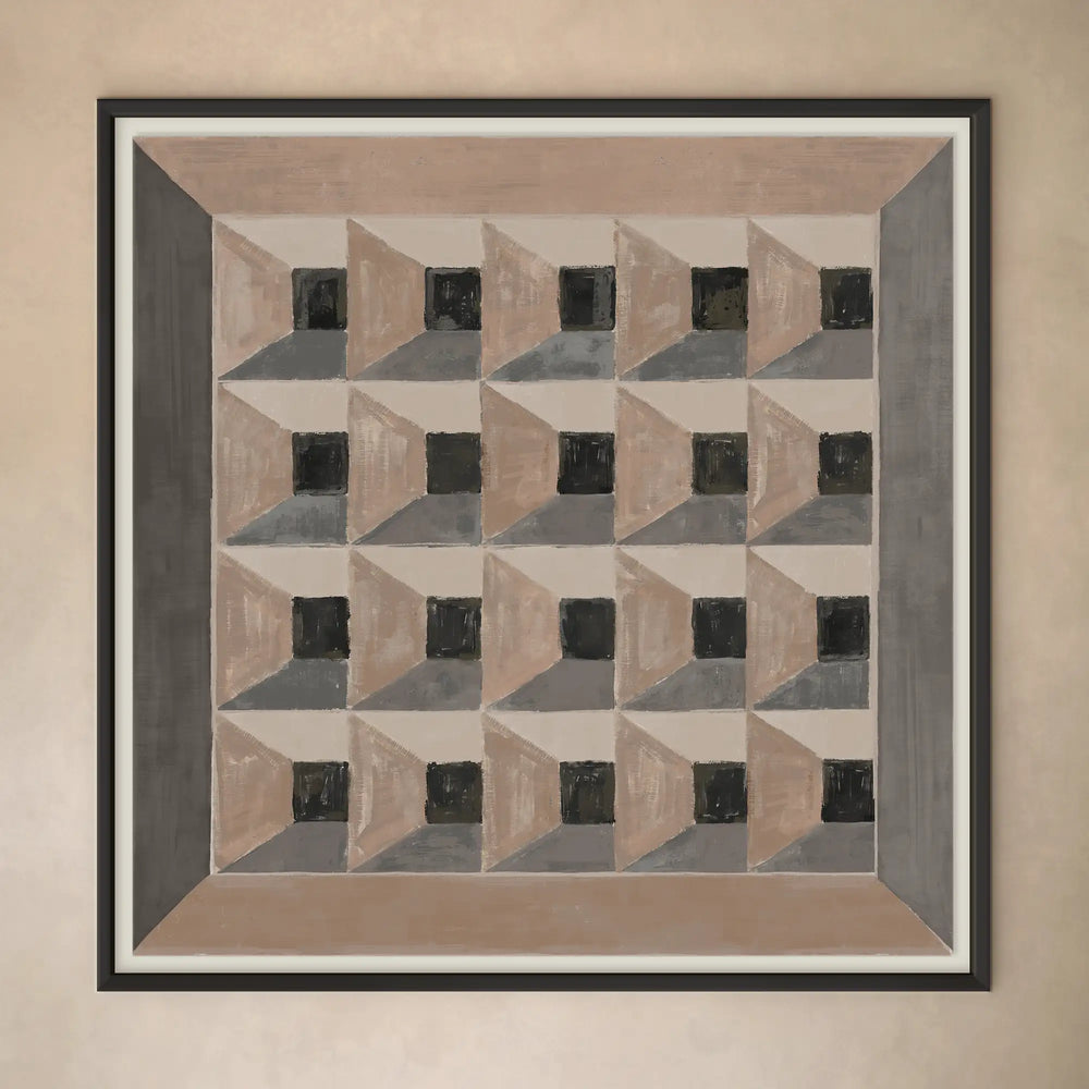 Lemieux et Cie Les Cubes 2 fine art print in charcoal, blush and grey tones, geometric trompe-l'oeil composition framed on neutral plaster wall