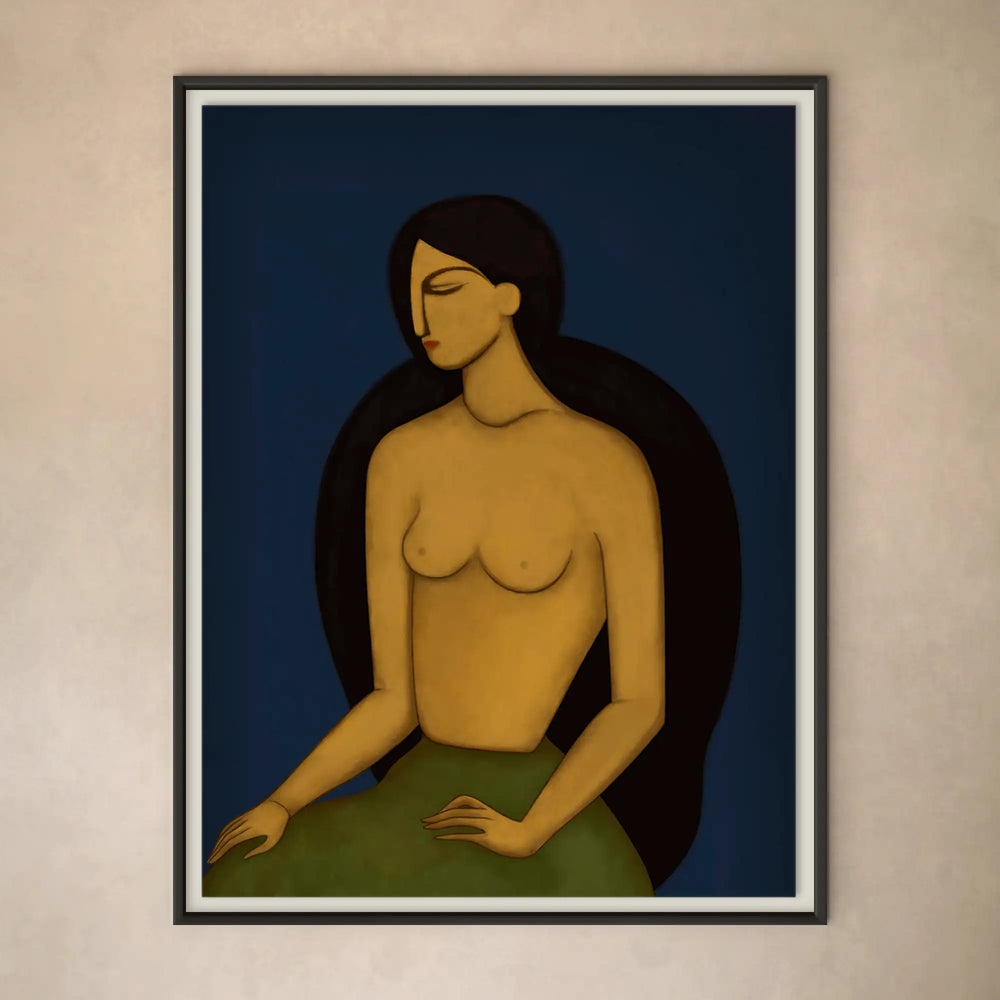 Lemieux et Cie Vigne Fleurie fine art print with modernist figurative composition on deep blue ground, framed and hung on neutral plaster wall.