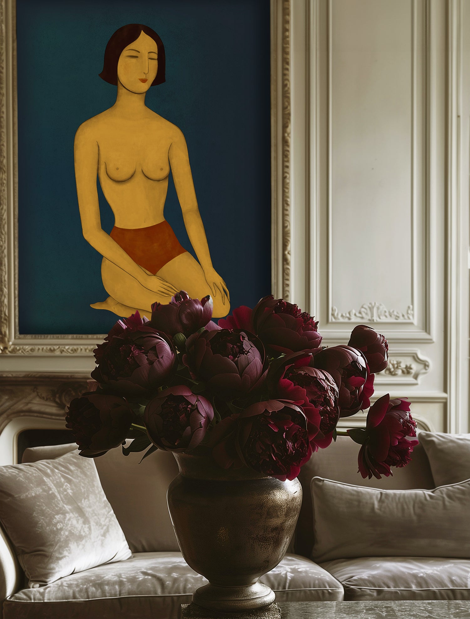 Lemieux et Cie Les Femmes Deux limited edition art print in warm tones, shown above a sculptural vase with burgundy peonies in a neutral sitting room with ornate white paneling.