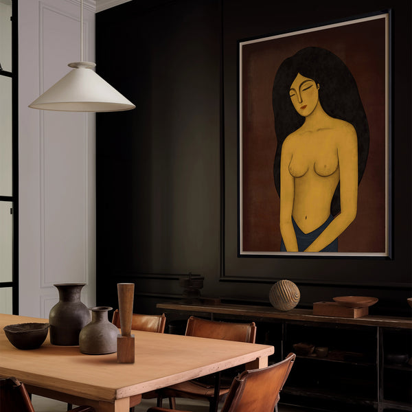 Lemieux et Cie Les Femmes Trois limited edition art print hung above a wood credenza in a dining room with dark walls and leather chairs.