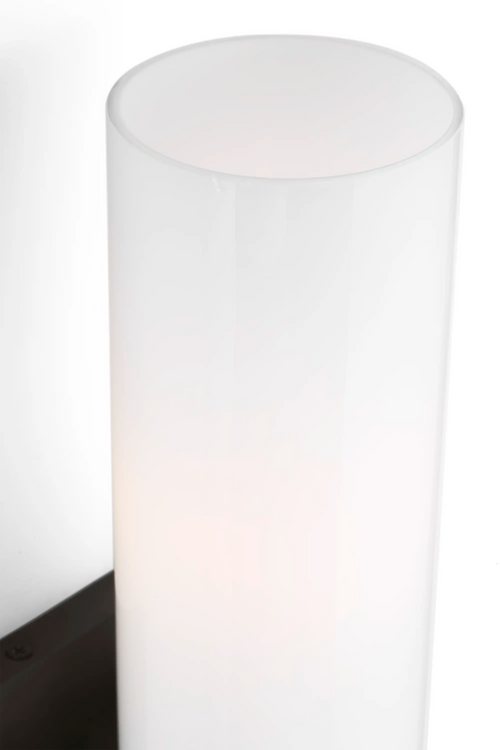 Lemieux et Cie Maroux wall sconce, a mid-century modern lighting fixture in aged iron and aged iron with vertical opal glass illumination.
