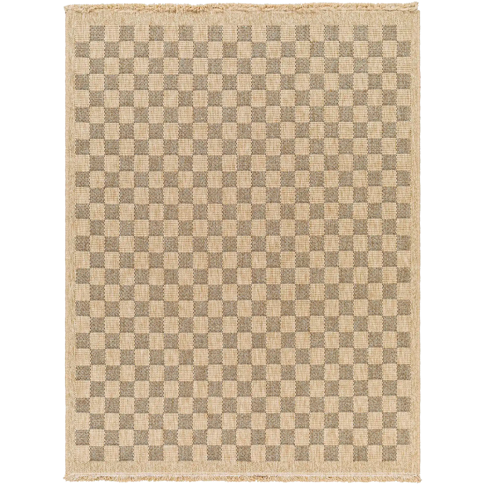 Lemieux et Cie Carreaux Outdoor Rug in natural and black, geometric checkerboard pattern with fringed edges, shown on white studio backdrop.