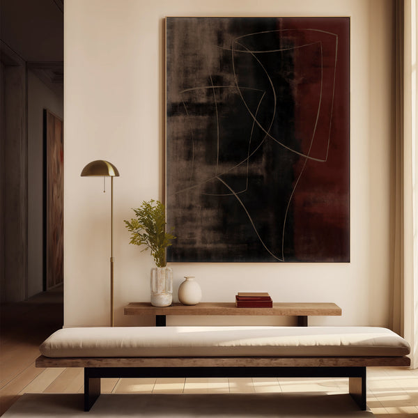 Lemieux et Cie Chambord Floor Lamp with domed shade and slim stem, styled beside upholstered bench and wood console in neutral-walled room with abstract artwork.