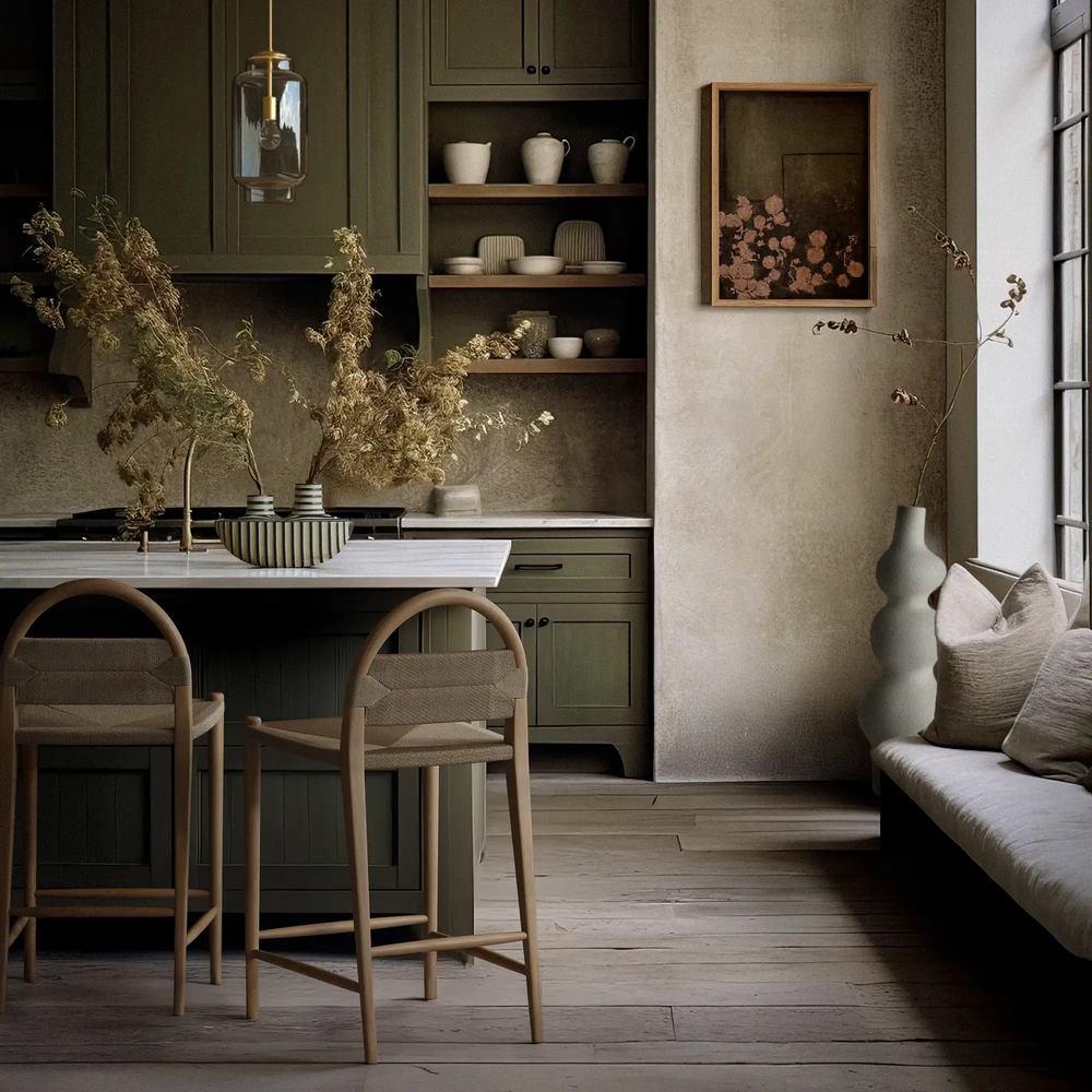Lemieux et Cie Pernelle Counter Stool, rounded back counter stool in warm neutral tones, shown at kitchen island in sage green kitchen with wood floors.