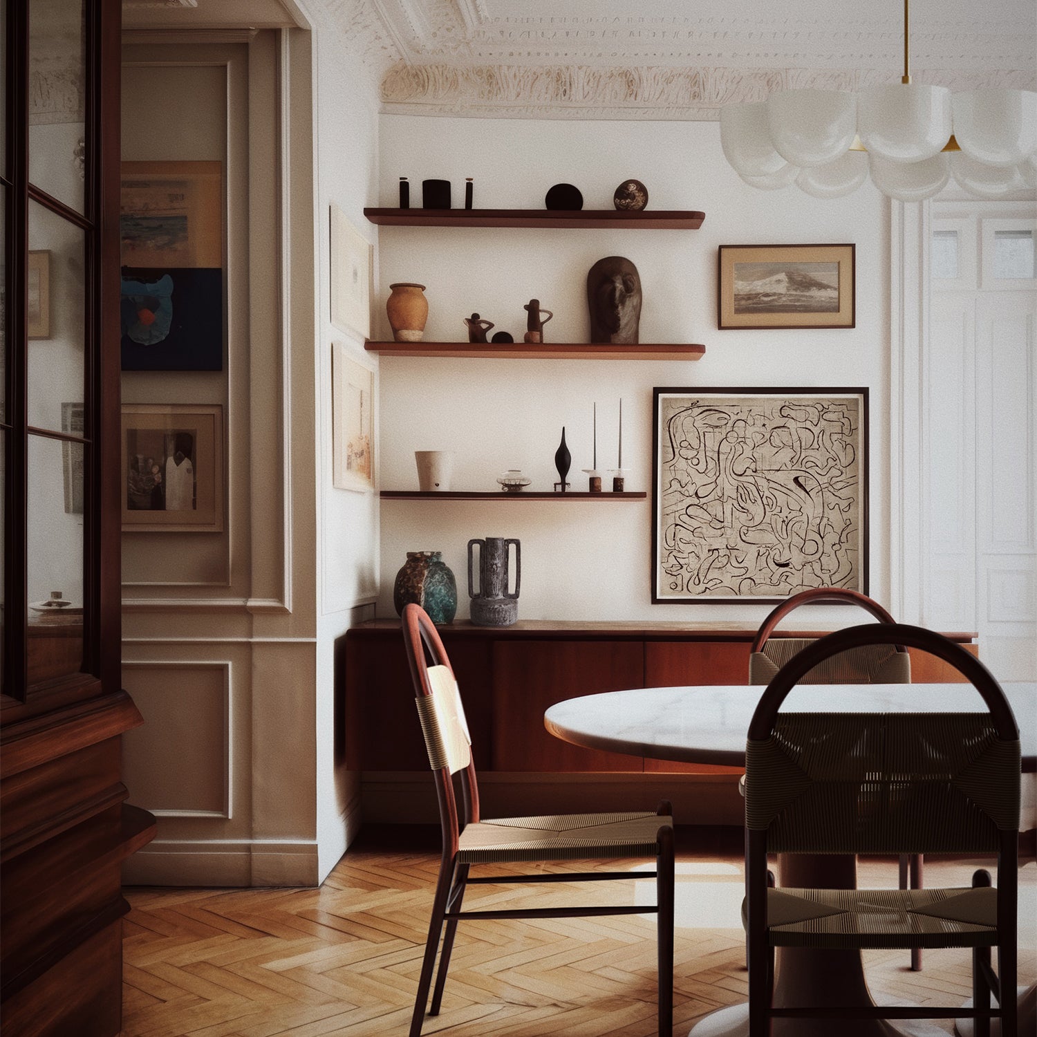 Lemieux et Cie Pernelle Dining Side Chair in walnut with woven rush seat, shown at marble dining table in room with herringbone wood floors and plaster walls.