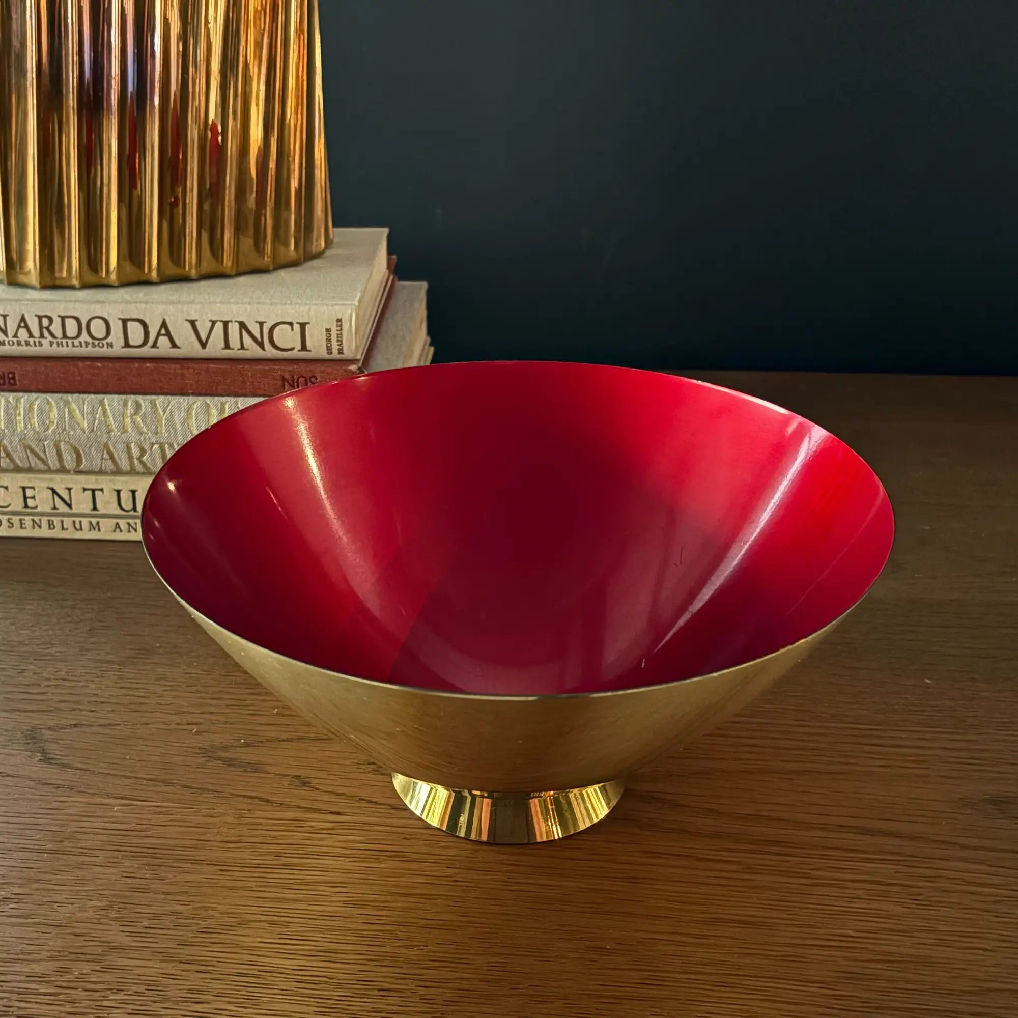 Mid century brass bowl with enameled deep red interior