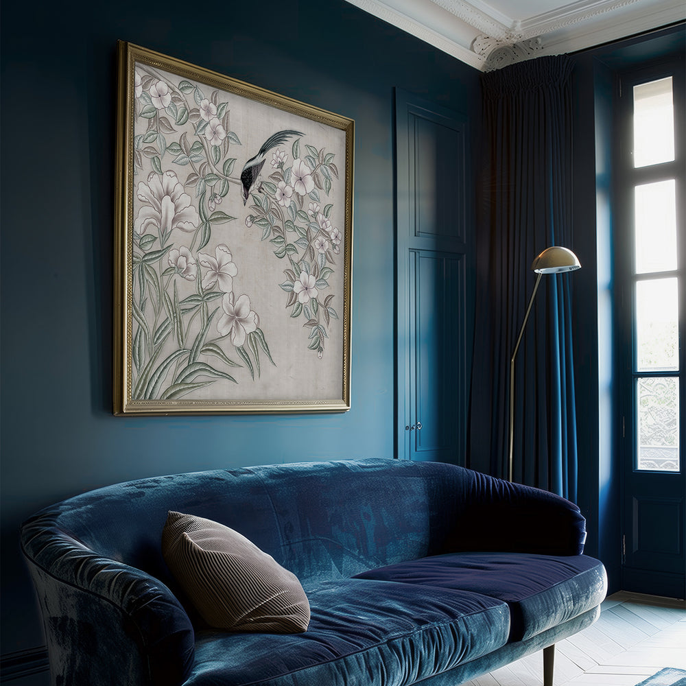 Lemieux et Cie Rêve De Mahal artwork in gouache and ink with botanical motif, framed fine art piece on deep blue walls in sitting room with velvet sofa.